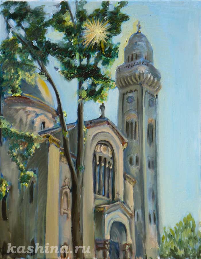 "Churches of Pancevo. Sunday service" Painting by Evgeniya Kashina