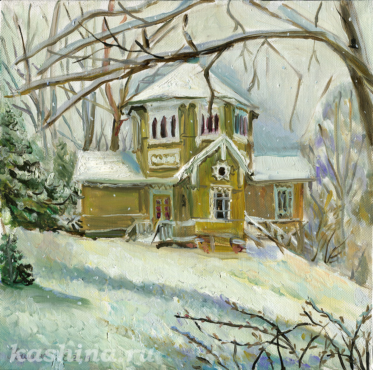 "New Year at Akademichka. Octagonal Pavilion" painting by Evgeniya Kashina