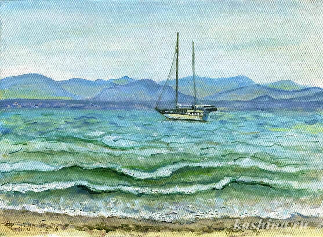 "Yacht off the coast of Corfu" Painting by Evgeniya Kashina