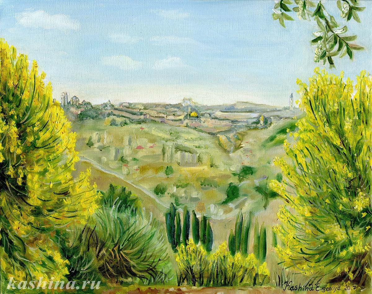 "Blooming Jerusalem, view of the old city" Painting by Evgeniya Kashina