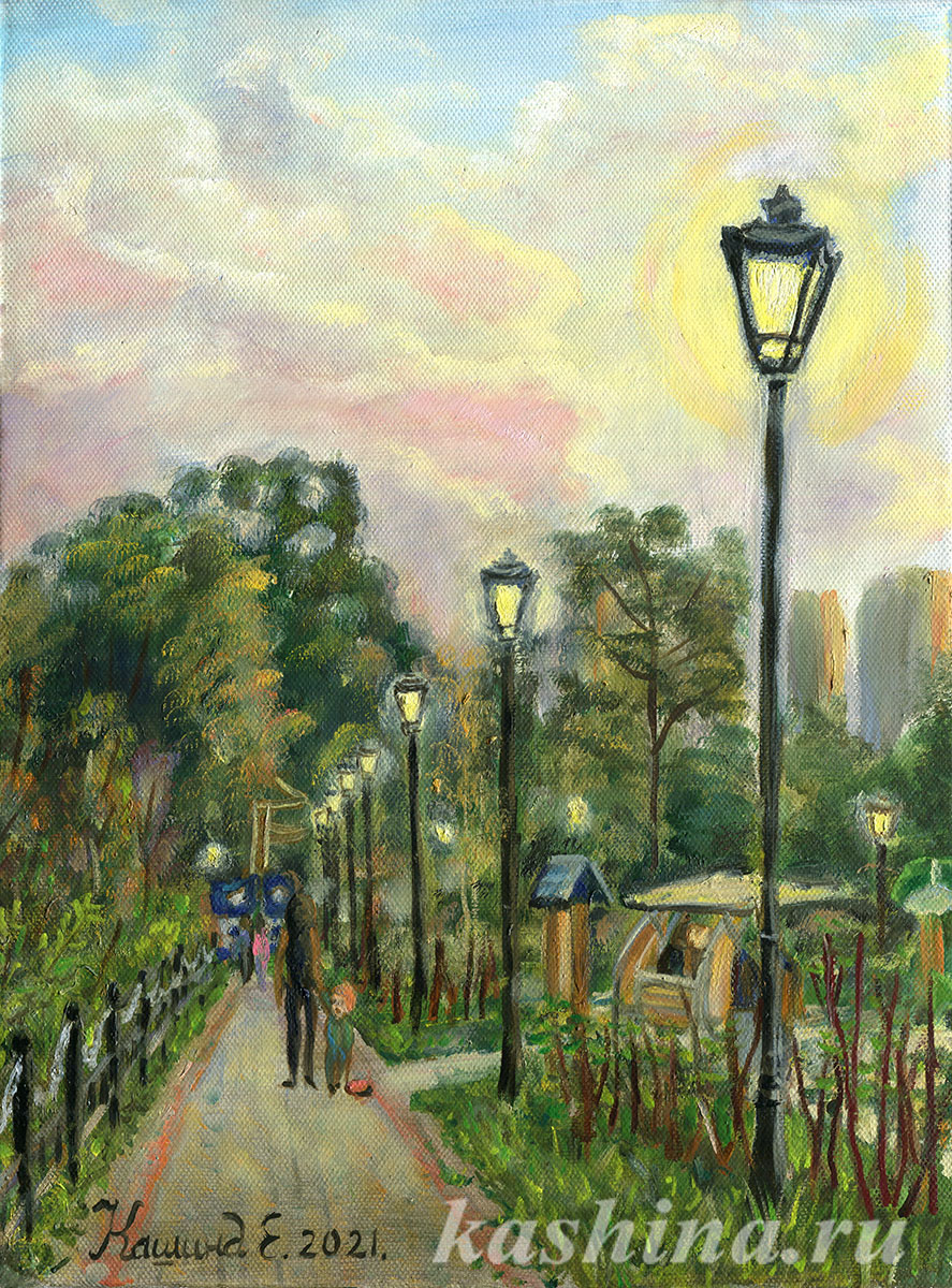 "Alley in the park of heroes 1812 Golitsyno Town," painting by Evgeniya Kashina