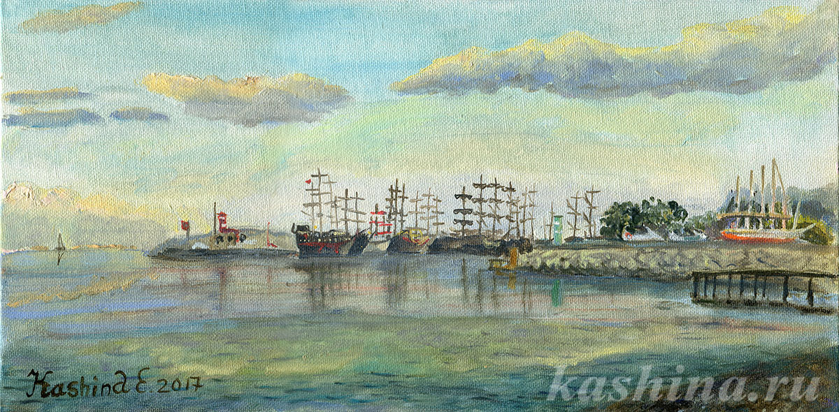 "Twilight. Marina. Yachts in the port of Kemer" Painting by Evgeniya Kashina