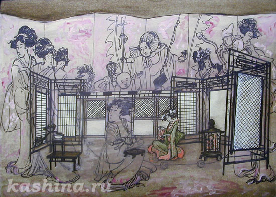 Евгения Кашина. "Комната Чио-Чио-сан." Эскиз декораций к опере Дж. Пуччини "Мадам Баттерфляй" Евгения Кашина. "Комната Чио-Чио-сан." Эскиз декораций к опере Дж. Пуччини "Мадам
Баттерфляй"