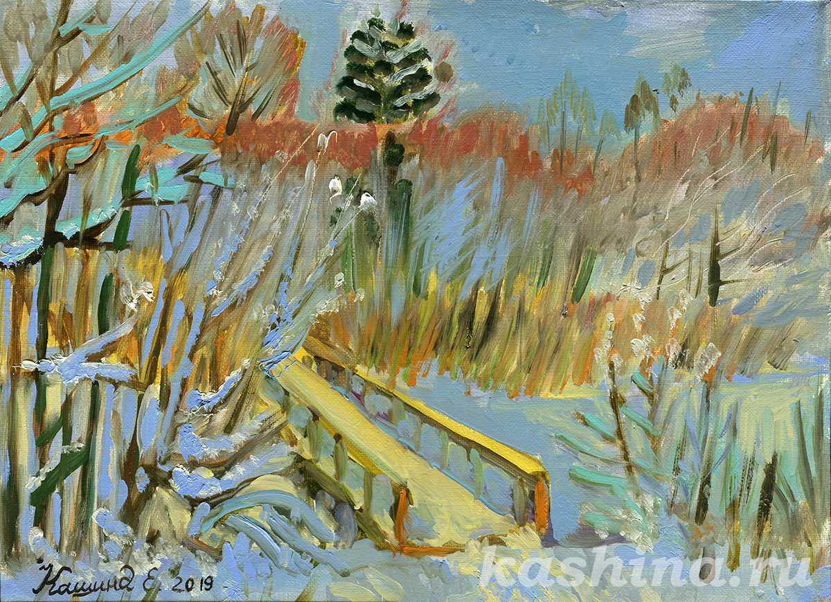 "The paints of winter. Bridge at Akademichka", painting by Evgeniya Kashina