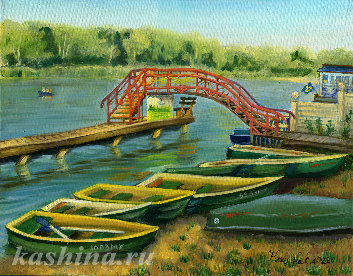 "Bridge at the boat station, Lake Senezh," painting by Evgenia Kashina