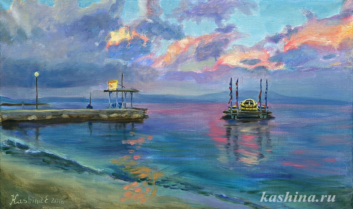 "Sunset on Corfu. Drifting raft" Painting by Evgeniya Kashina