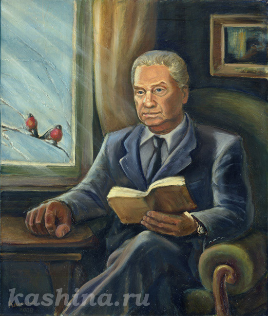 The Bullfinches, A Portrait of the man sitting by the window, painting by Evgeniya Kashina