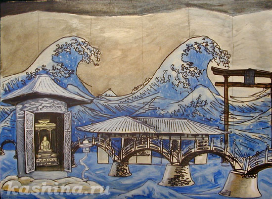 Evgeniya Kashina. "Hokusai's Wave." Scenery sketch for G. Puccini's opera "Madama Butterfly"