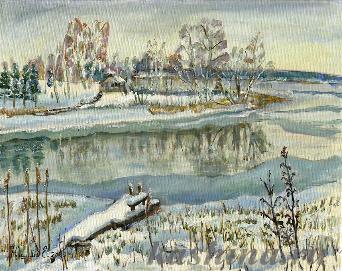 "Ice rises on Lake Mstino" painting by Evgeniya Kashina