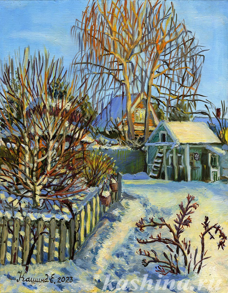 "Winter at the dacha in Beryozki", painting by Evgeniya Kashina