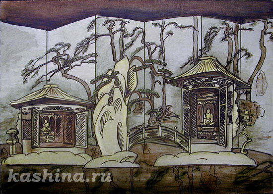 Evgeniya Kashina. "Golden Temple."  Scenery sketch for G. Puccini's opera "Madama Butterfly"
