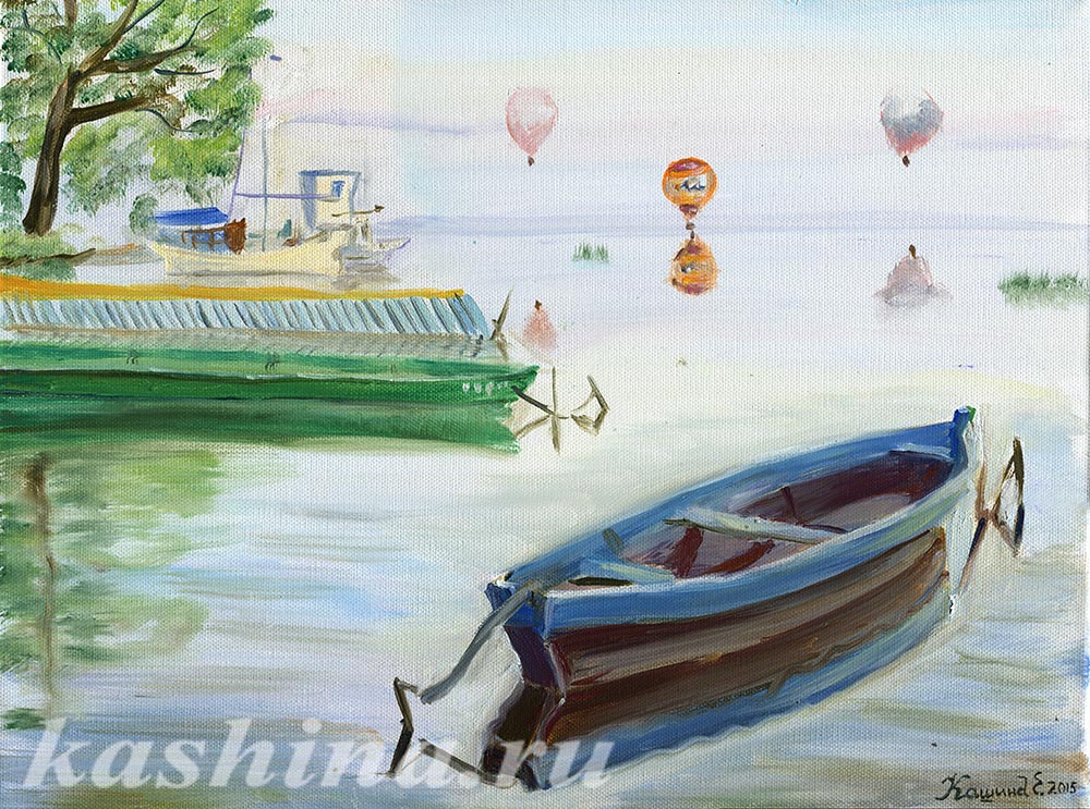 "Misty sunrise on the lake Plescheevo. Balloons" painting by Evgeniya Kashina