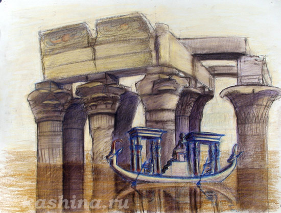 Mistic Boat in Dendera. The sketch by Evgeniya Kashina