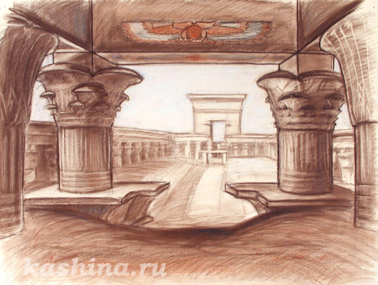 The Magic Guard of The Egyptian Temple. Temple of Horus, Edfu. The sketch by Evgeniya Kashina