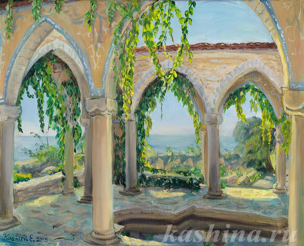 "Nymphaeum. Botanical Garden in Balchik, Bulgaria", 
painting by Evgeniya Kashina, oil on canvas, 40cm x 50cm, 2015.