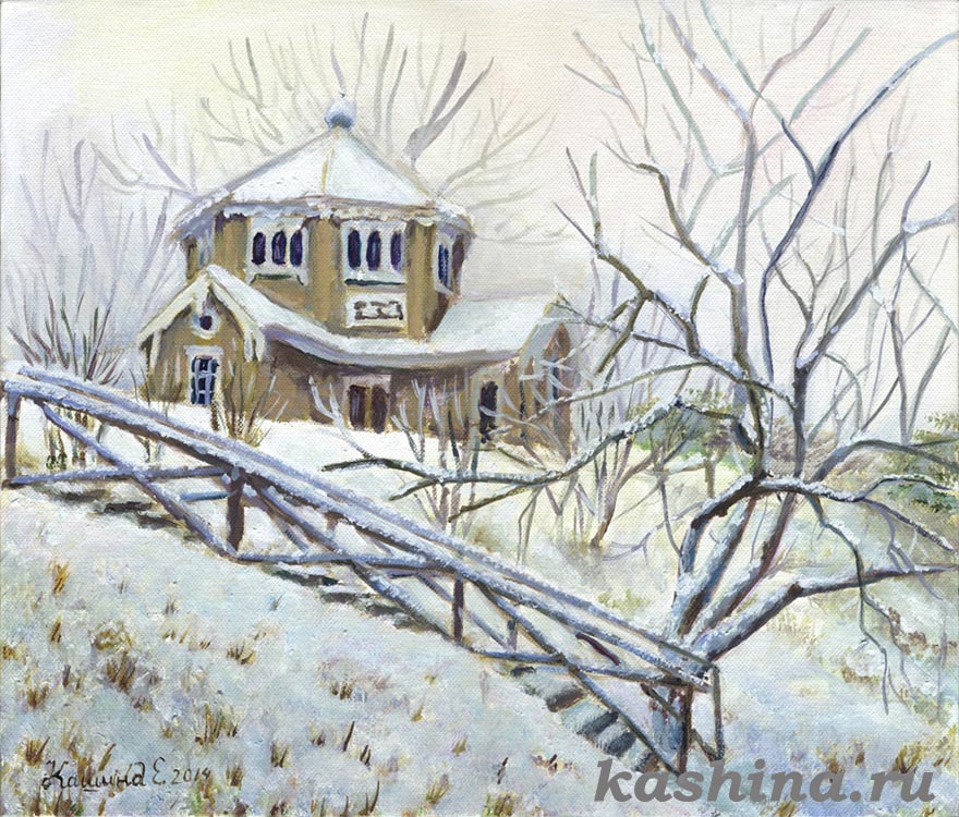 "The first snow of January, the Octagonal Pavilion at Akademichka" painting by Evgeniya Kashina