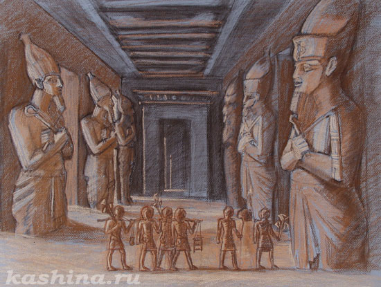 "Silence of the Ancients. Temple of Ramses the Great In Abu Simbel." Evgeniya Kashina.
Colored cardboard, pastels, 65x50 cm, 2002.