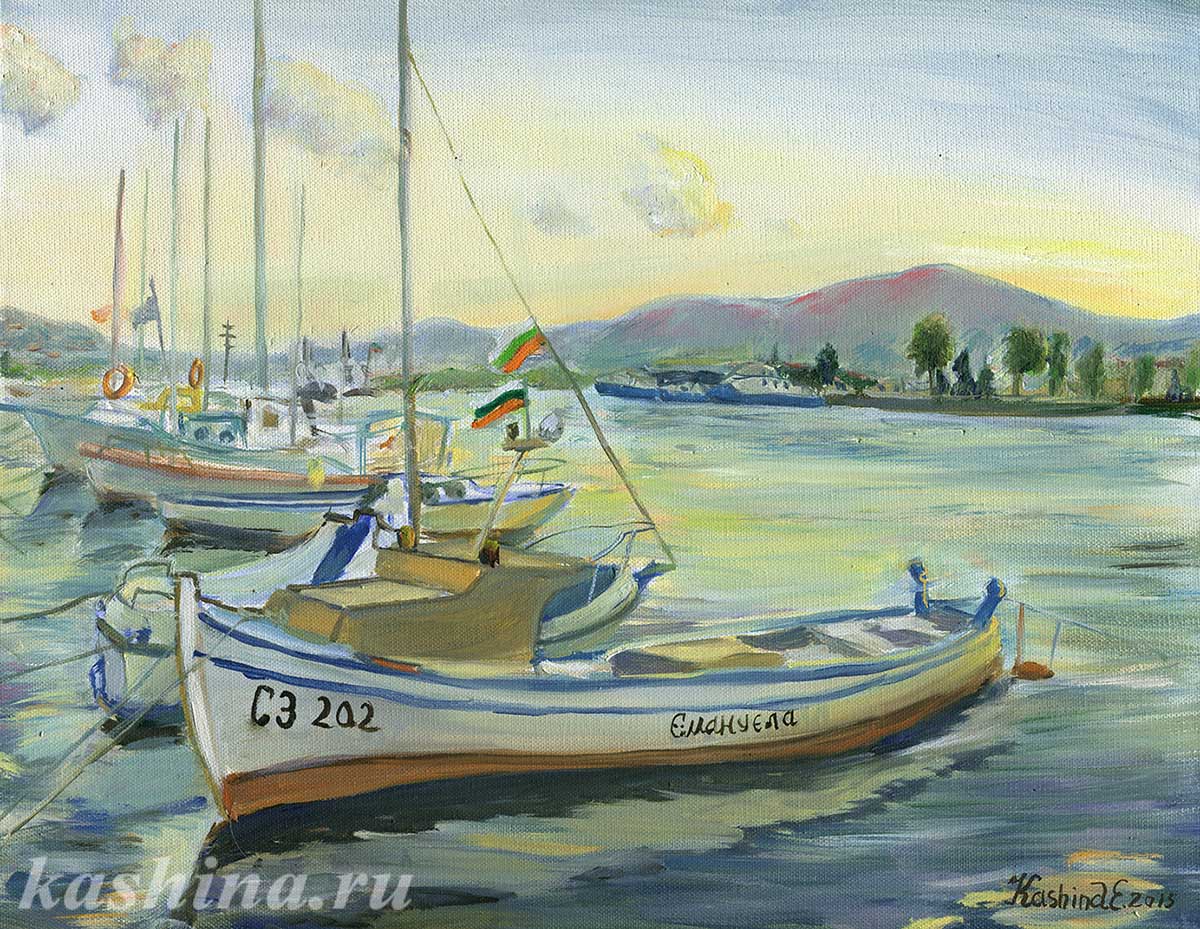 "Sozopol boats at sunset" painting by Kashina Evgeniya.