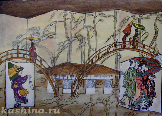 Evgeniya Kashina. "In the Japanese Town."  Scenery sketch for G. Puccini's opera "Madama Butterfly"